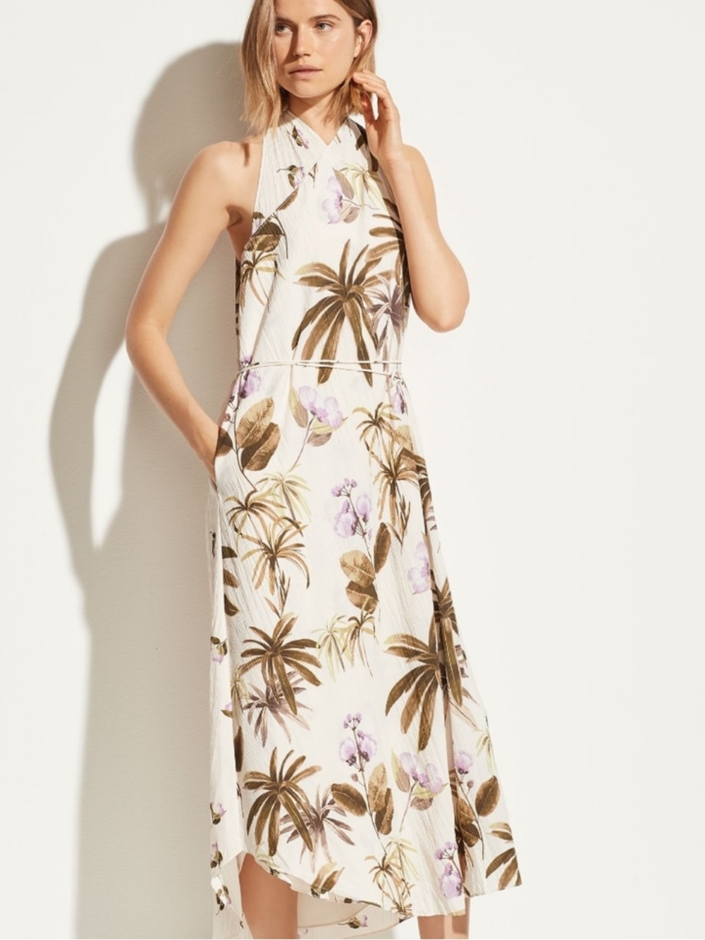 VINCE Tropical Garden Halter Neck Faux Wrap Midi Dress with Pockets XXS